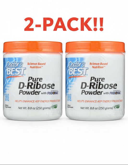 Two tubs of Doctor's Best Pure D-Ribose Powder (250g each), clearly showing the 2-Pack Value and the BioEnergy Ribose® logo.