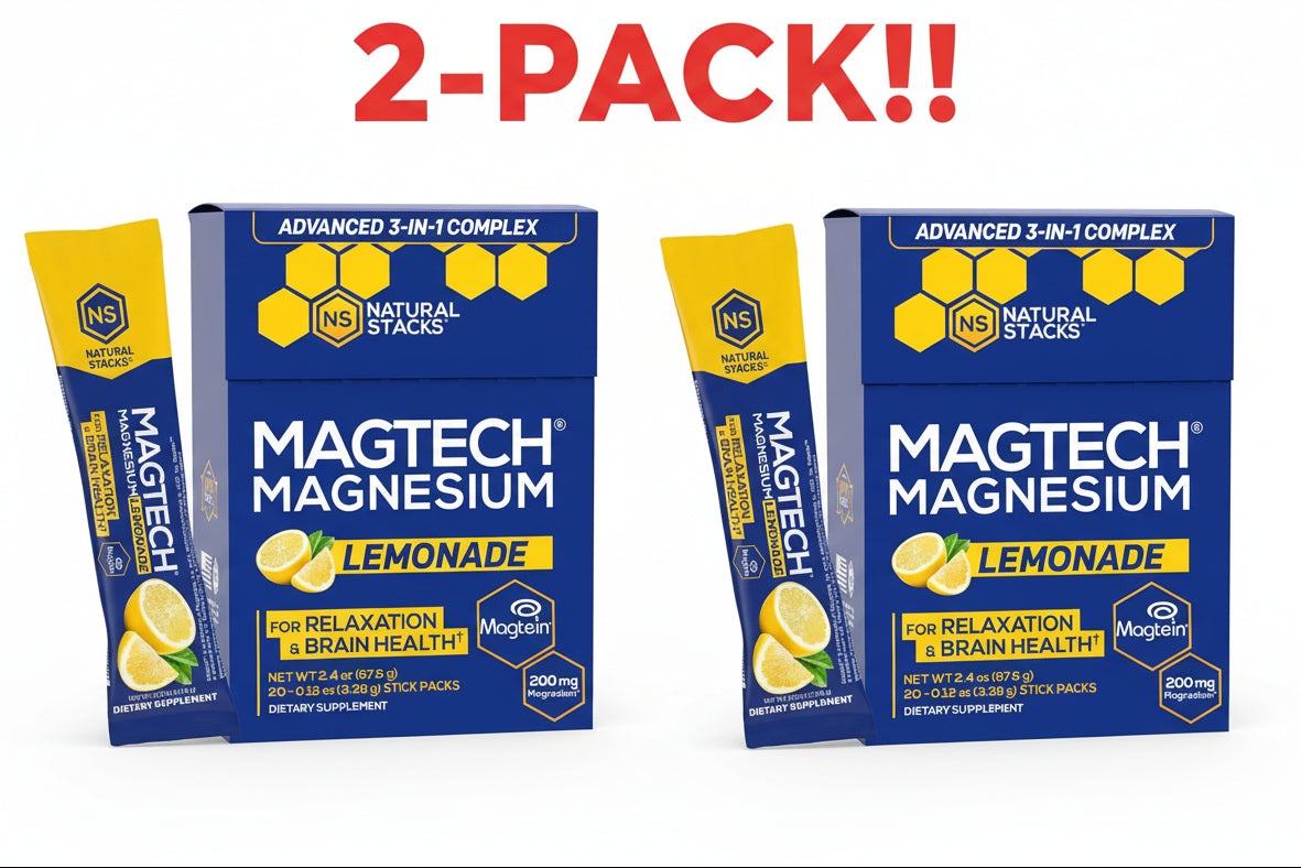 Two packages of Magtech Magnesium Lemonade with a '2-Pack!' label on a white background.