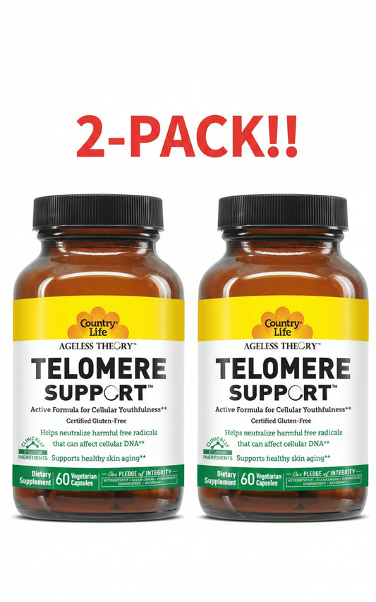 Two bottles of Country Life Telomere Support supplement on a white background with red text indicating a 2-pack offer.