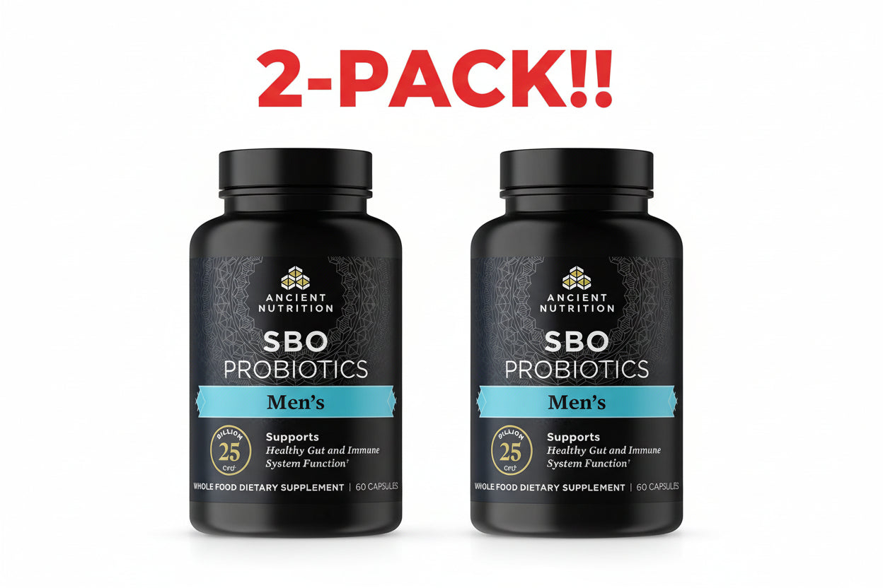 Black bottle of Ancient Nutrition SBO Probiotics for men on a black background