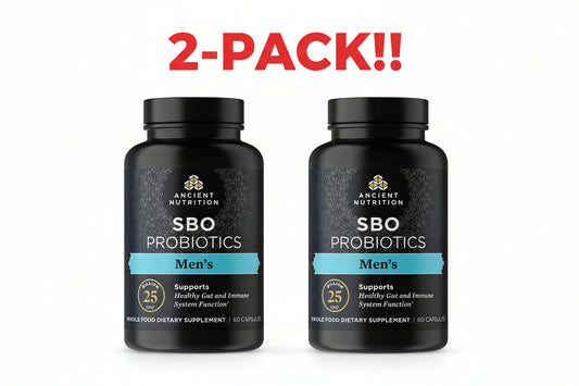 Black bottle of Ancient Nutrition SBO Probiotics for men on a black background