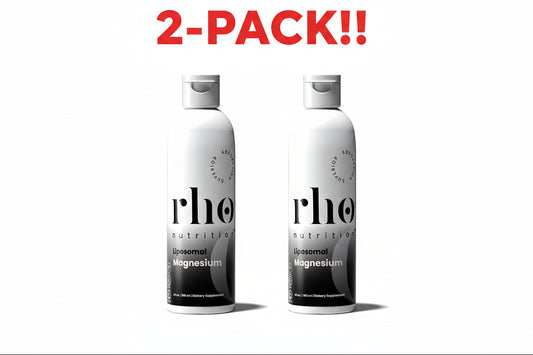 Two 6 fl oz bottles of Rho Nutrition Liposomal Magnesium Bisglycinate standing together to highlight the Double Pack value.