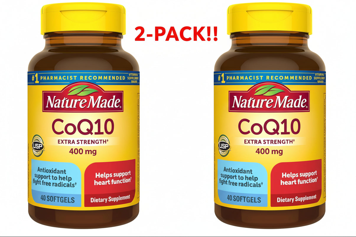 Two bottles of Nature Made CoQ10 supplement with yellow lids on a white background.