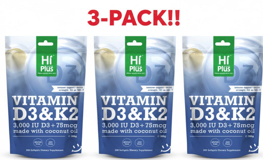 Three packs of Hi Plus Vitamin D3 & K2 supplement with a '3-Pack!' label on a white background.