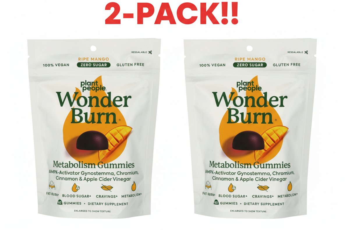 Two packages of Wonder Burn Metabolism Gummies with a '2-Pack!' label on a white background.