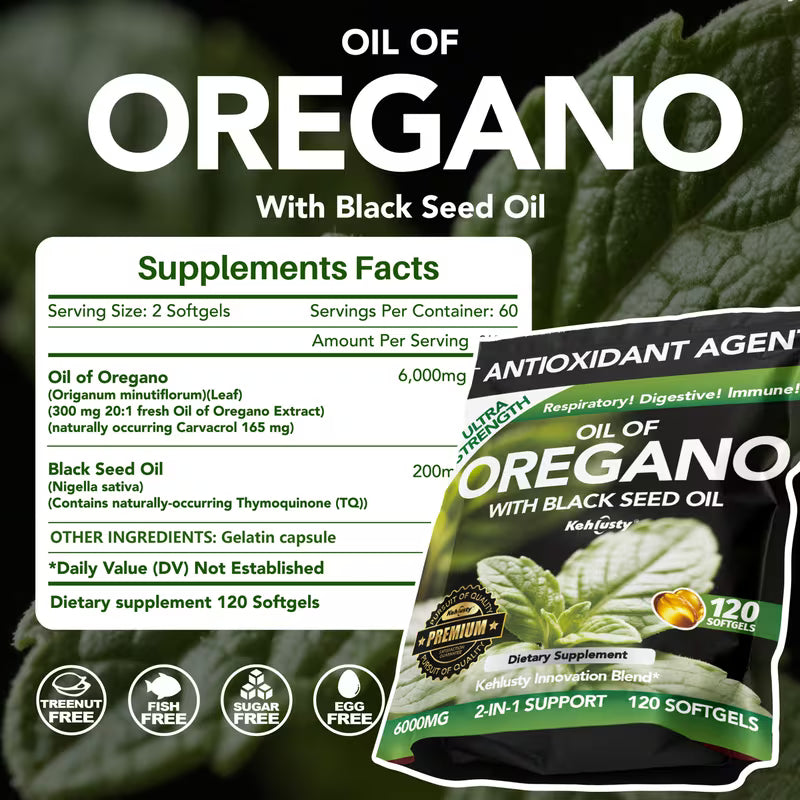 Oil of Oregano Softgels 6000mg | Black Seed Oil | 120ct Peaceful Pleasures