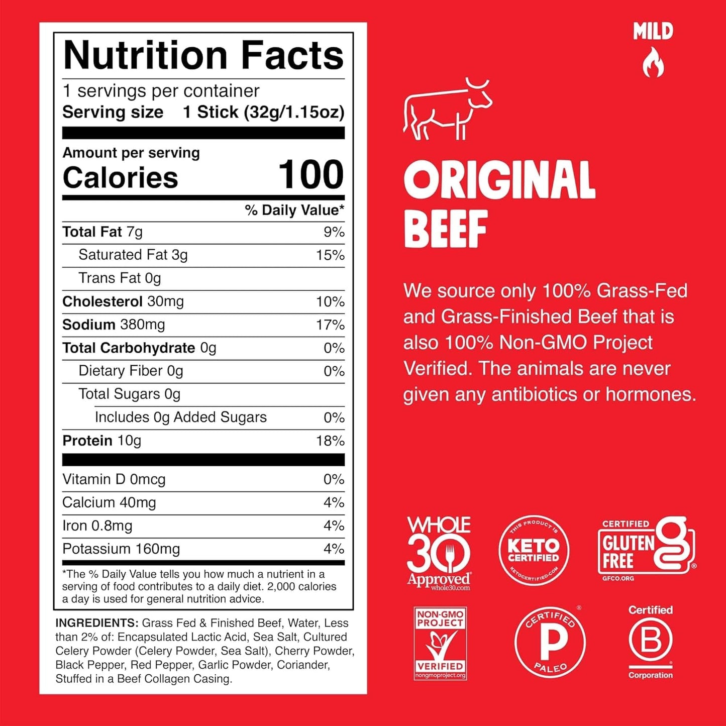 Nutrition label and description of grass-fed, non-GMO beef on a red background