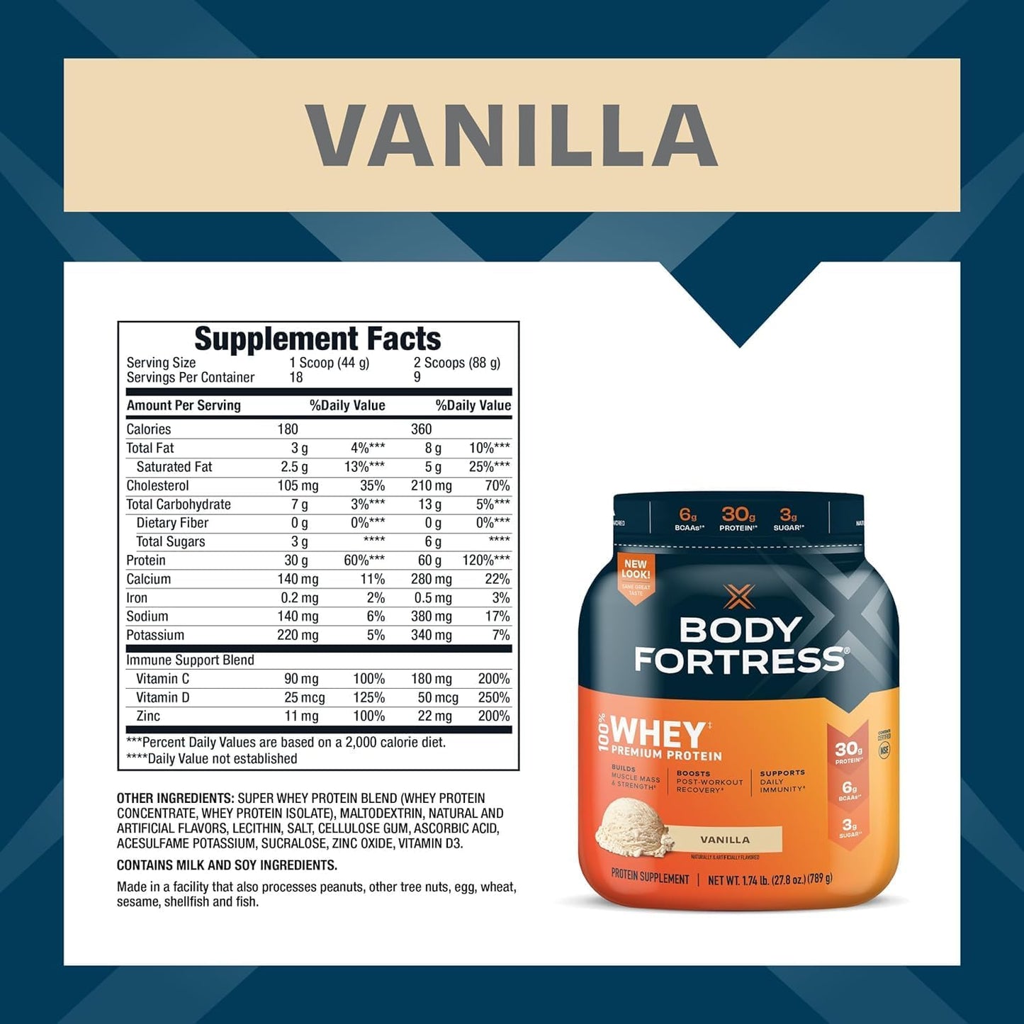 Body Fortress Whey protein supplement with vanilla flavor label and nutritional information.