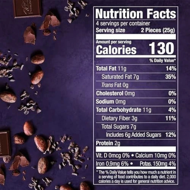 Nutrition facts label for chocolate pieces on a purple background