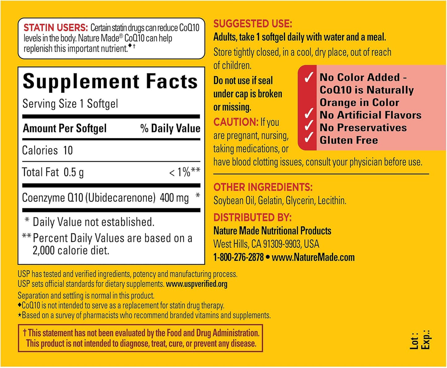 Supplement label for CoQ10 with text and icons on a yellow background