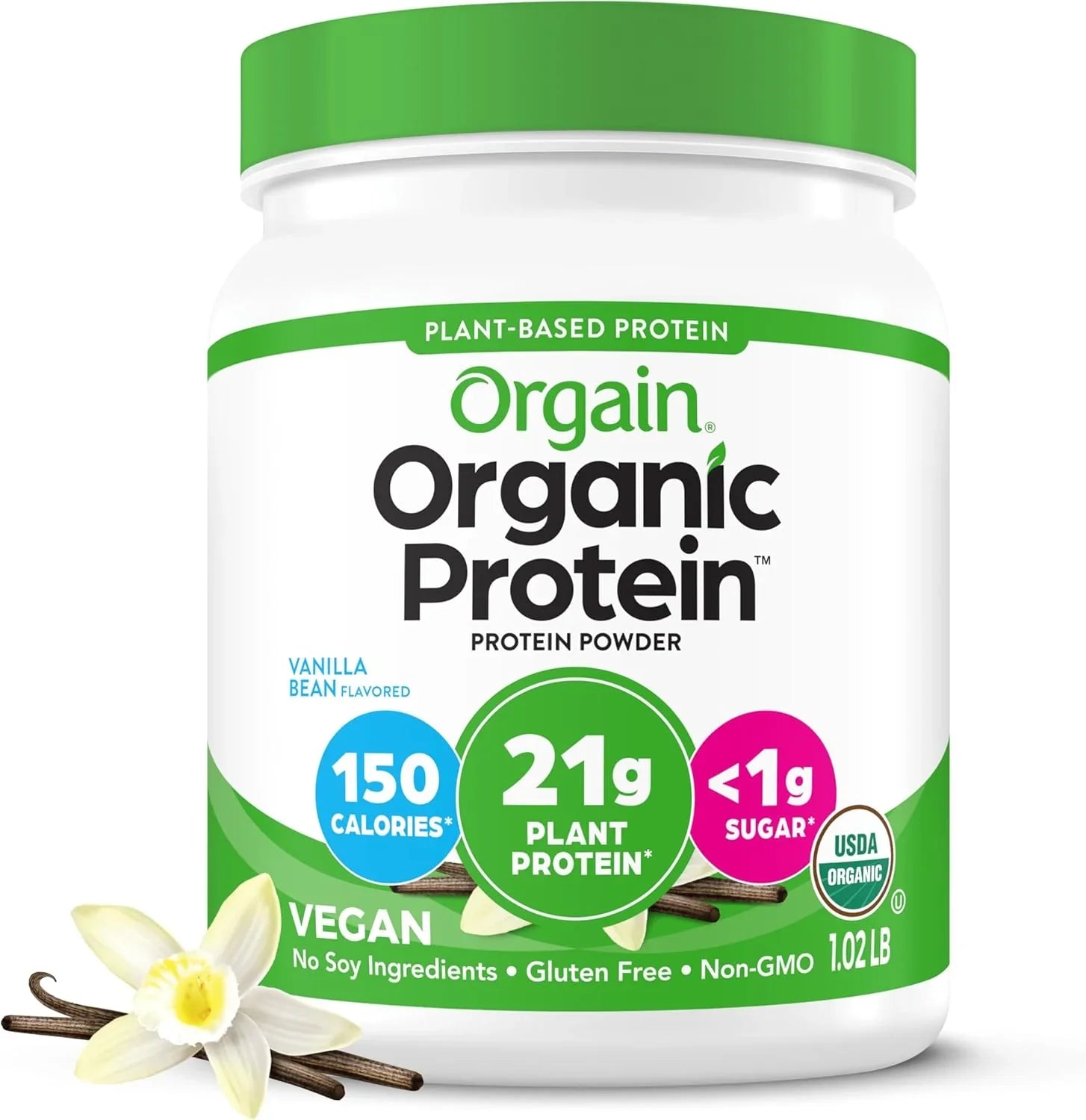 Orgain Organic Vegan Protein Powder, Vanilla Bean - 21g Plant Based Protein, 4g Prebiotic Fiber, No Lactose Ingredients, No Added Sugar, Non-GMO, For Shakes & Smoothies, 1.02 lb (Packaging May Vary) Drugstore Orgain