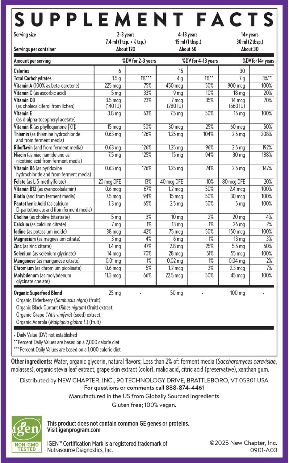 Supplement facts label with detailed nutritional information on a purple background