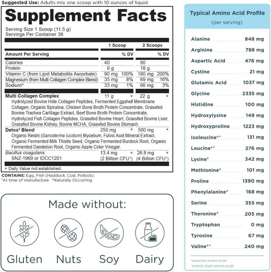 Supplement label with detailed nutritional information and ingredients.