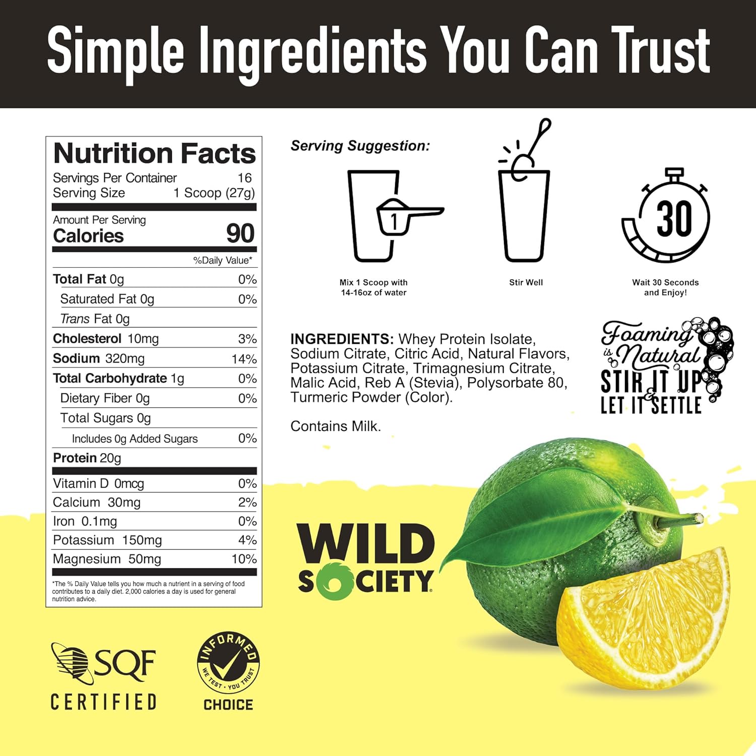 Nutrition label and ingredients list for a product by Wild Society with lemon and green leaf graphic.