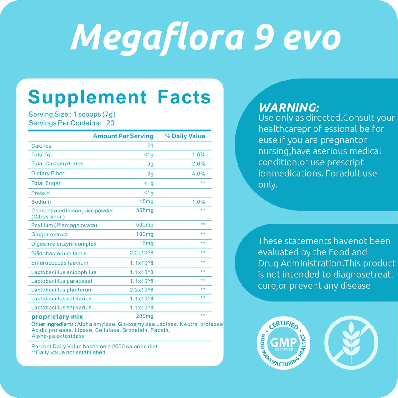 Supplement facts label for Megaflora 9 evo on a blue background with certification logos.