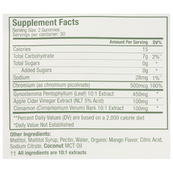 Supplement facts label for gummy vitamins with detailed nutritional information.
