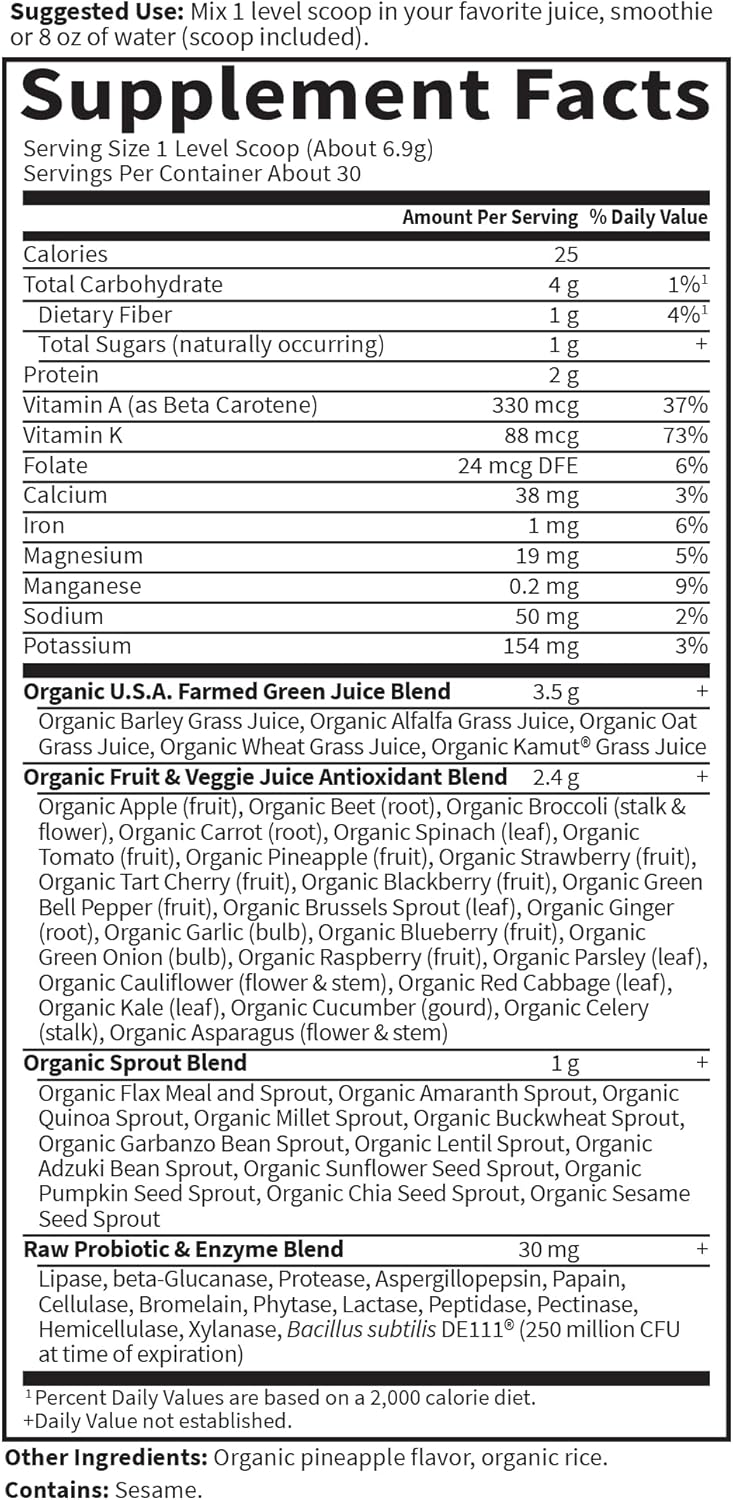 Supplement facts label for a green juice blend with detailed nutritional information.