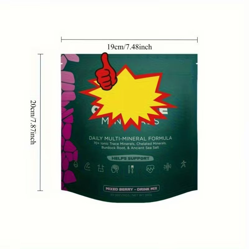 Green package with colorful design and text on a white background