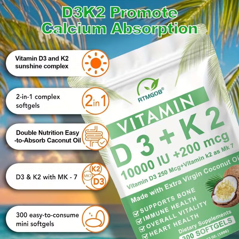 Vitamin K2 D3 Supplement 300 Softgels | 10,000 IU D3 + K2 Peaceful Pleasures