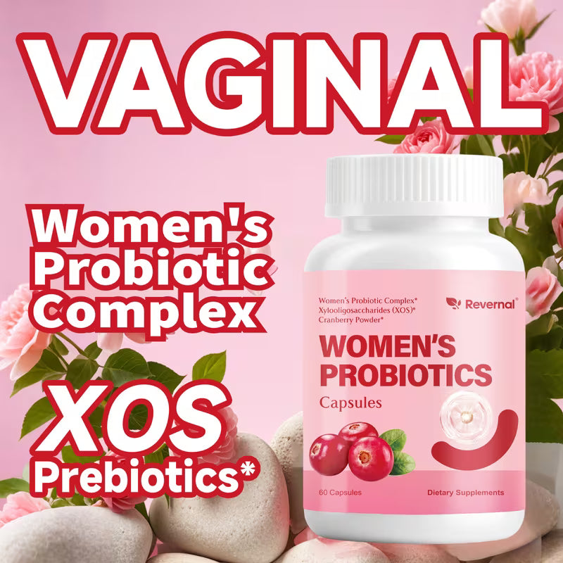 Women's probiotics capsule bottle with pink label on a floral background