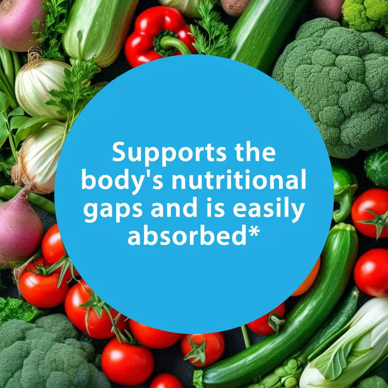 Assorted vegetables with a blue circle containing text about nutritional benefits