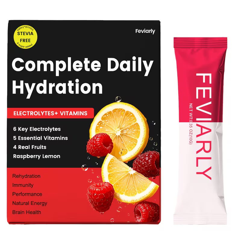 Feviarily Complete Daily Hydration package with a red and white sachet on a white background
