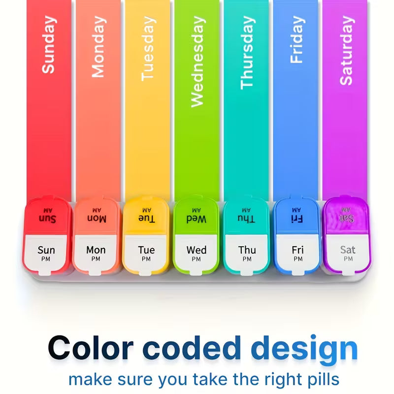 Color-coded pill organizers with days of the week labels on a white background