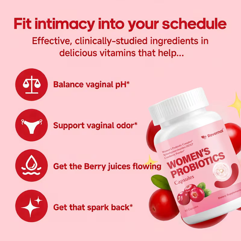 Advertisement for women's probiotics with a pink background and text highlighting benefits.