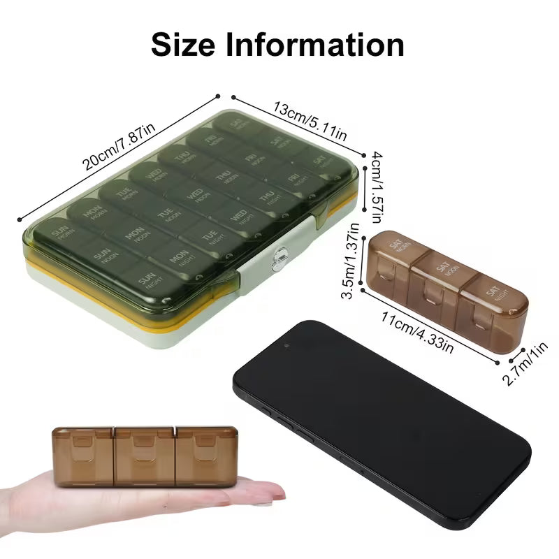 Two pill organizers with size measurements relative to a smartphone on a white background