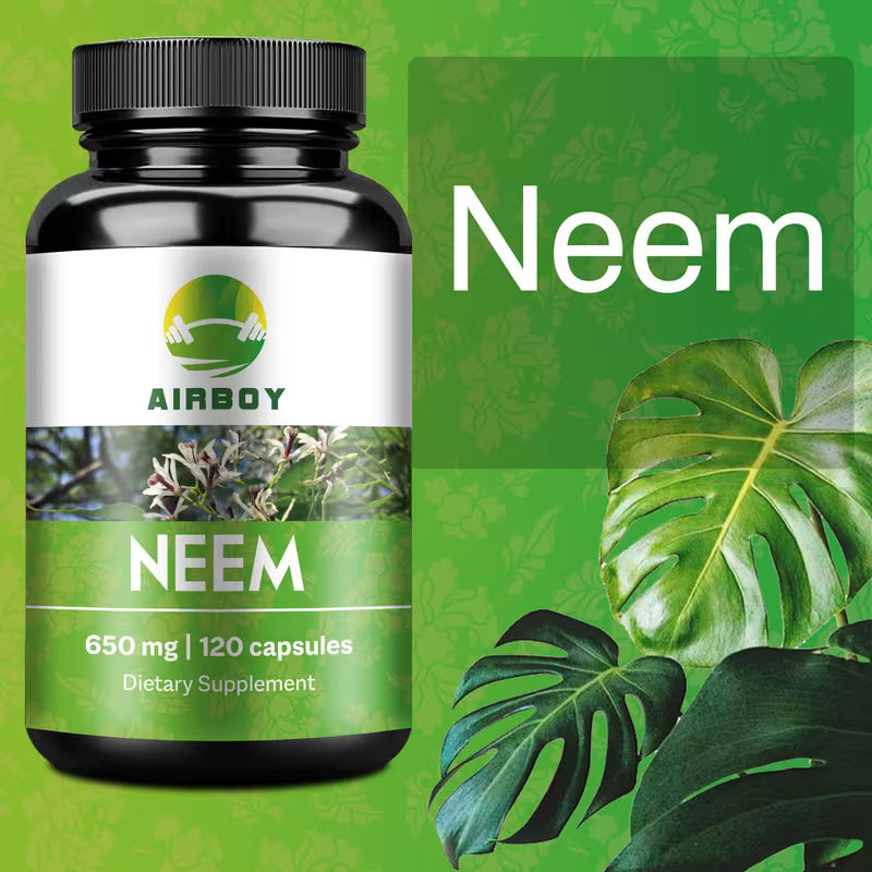 Airboy Neem dietary supplement bottle with neem leaves on a green background
