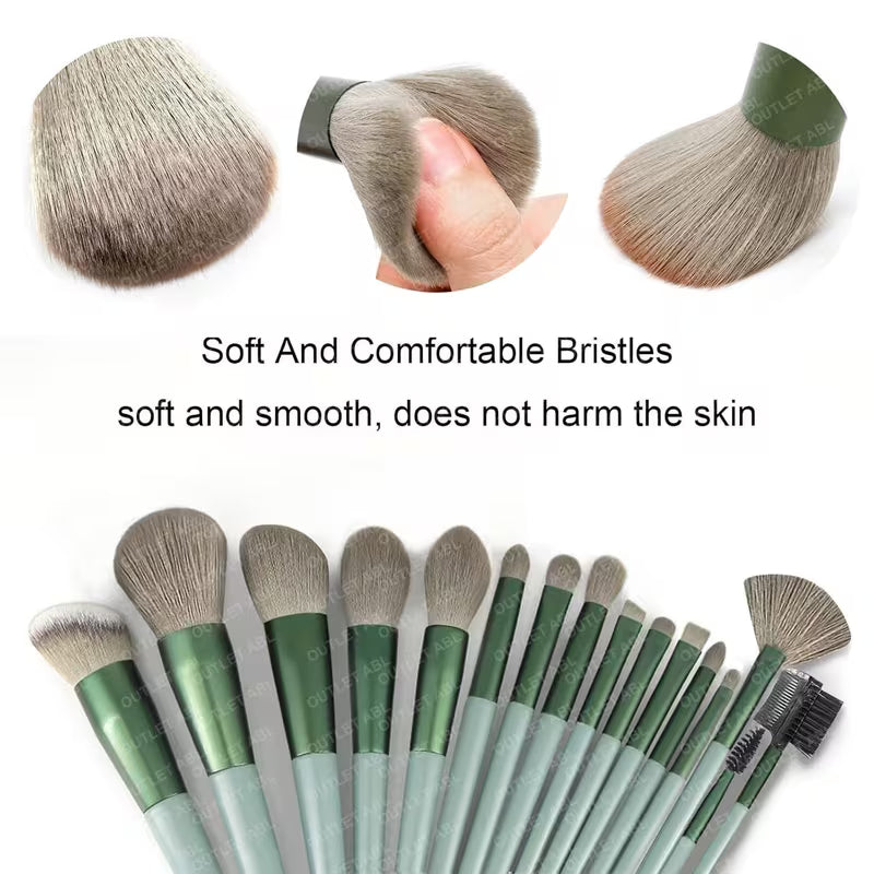 Makeup brushes with soft bristles and text highlighting their comfort and skin safety.