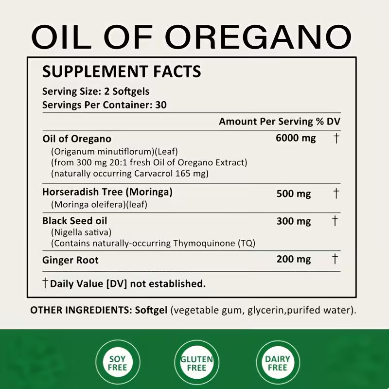 Supplement facts label for Oil of Oregano with green and white accents.