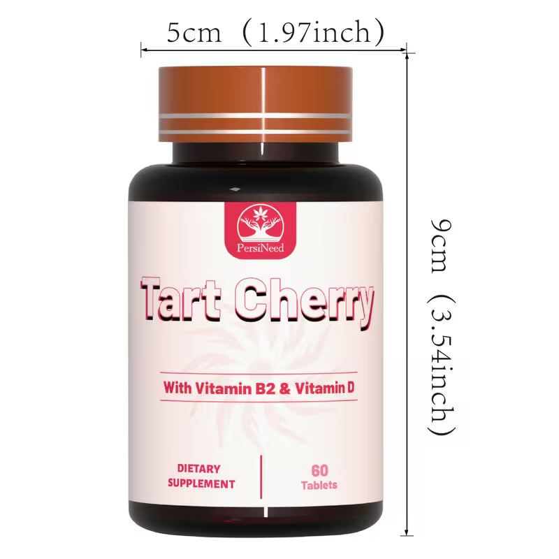 Tart Cherry dietary supplement bottle with measurements on a white background