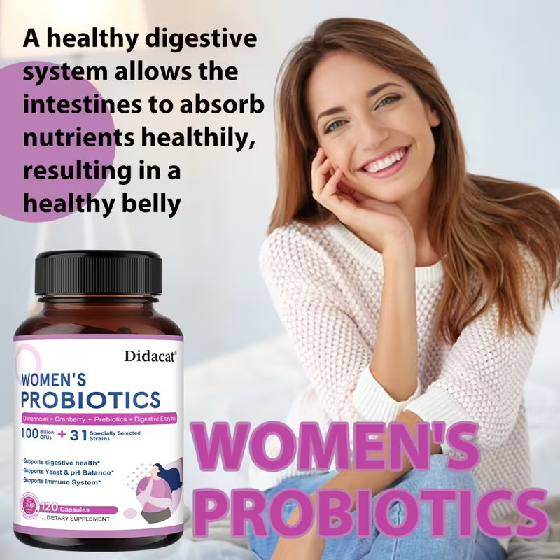 Woman with a healthy smile next to a bottle of Didacat Women's Probiotics on a light background.