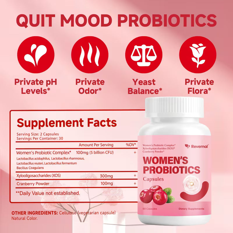 Women's probiotics supplement with label and bottle on a pink background