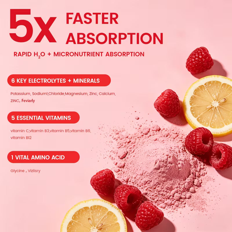Pink powder with raspberries and lemon slices on a pink background, highlighting 5x faster absorption and health benefits.