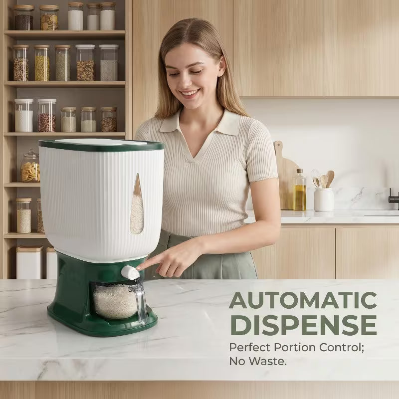 Woman using an automatic food dispense in a kitchen setting