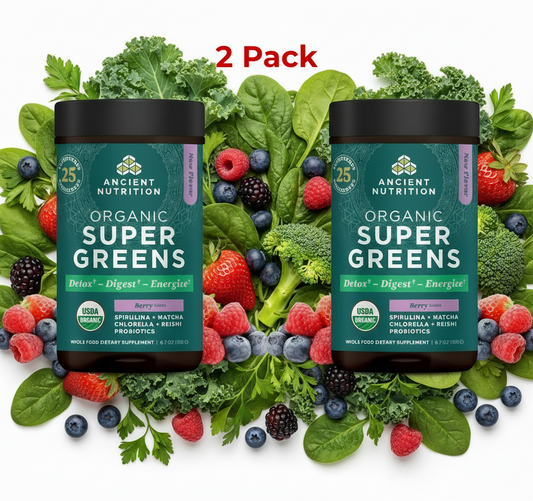 Two containers of Ancient Nutrition SuperGreens Powder with Probiotics, Organic Berry Flavor, 6.7 oz size, bundled together.