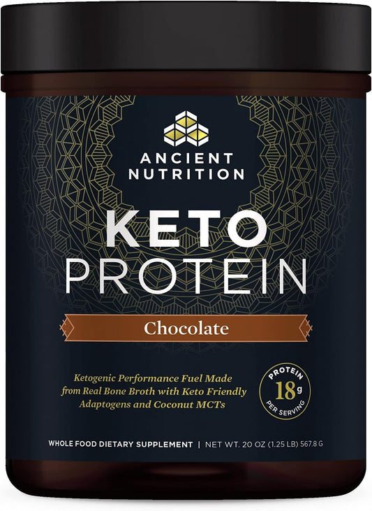Container of Ancient Nutrition Keto Protein Chocolate flavor on a white background