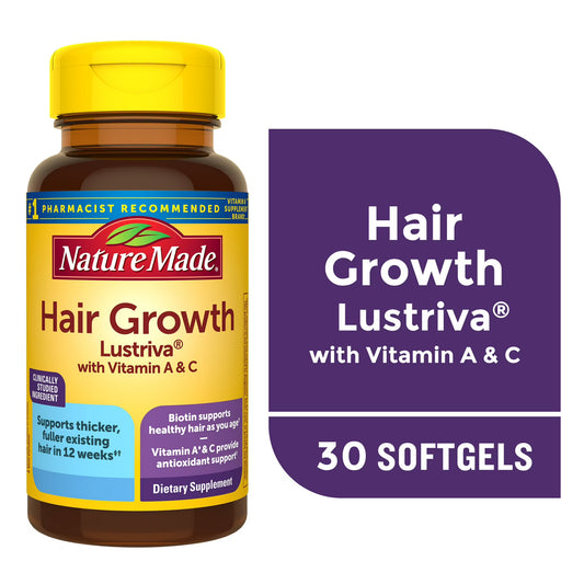 Nature Made Hair Growth Lustriva supplement bottle with purple label on a white background