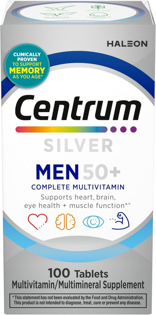 Centrum Silver Men 50+ multivitamin supplement box on a white background