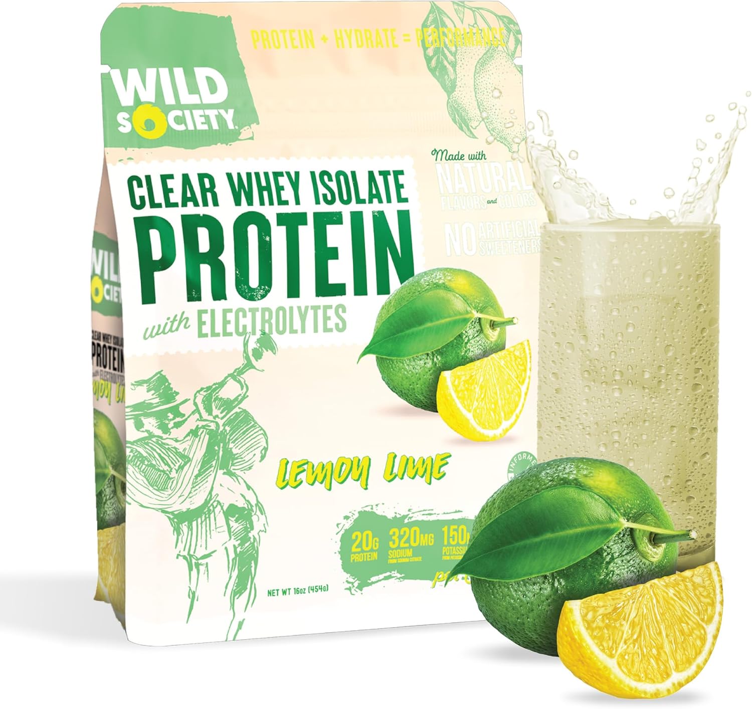 Wild Society lemon lime protein powder package with a glass of protein shake.