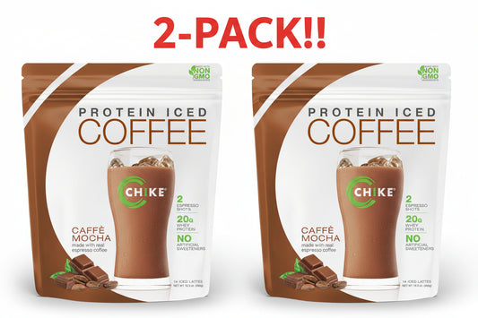 Two packages of Chike Protein Iced Coffee Caffé Mocha on a white background with '2-Pack!!' text above.