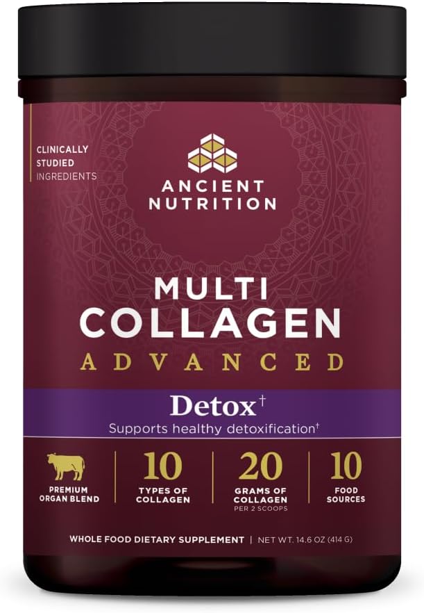 Ancient Nutrition Multi Collagen Advanced Detox supplement container on a black background