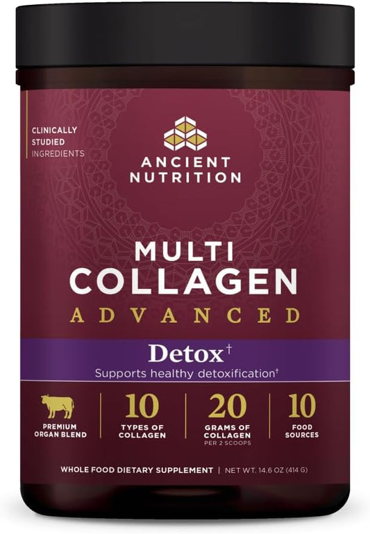 Ancient Nutrition Multi Collagen Advanced Detox supplement container on a black background