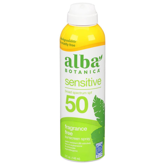Alba Botanica sensitive sunscreen spray with SPF 50 on a white background