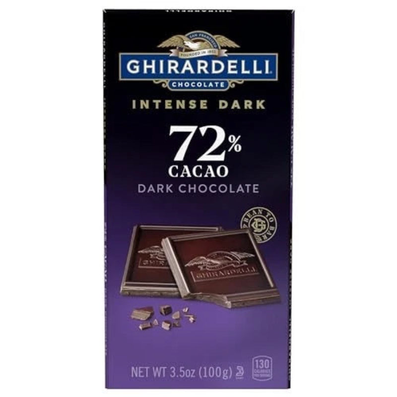 Ghirardelli Intense Dark 72% Cacao dark chocolate packaging on a white background