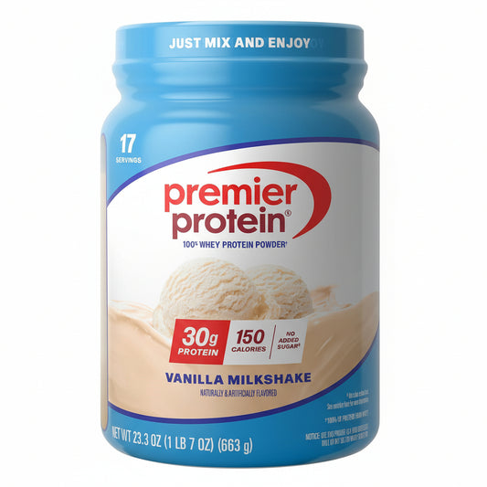 Premier Protein Vanilla Milkshake protein powder container with blue and white label.