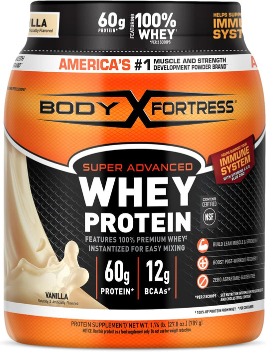 Body Fortress Super Advanced Whey Protein container with orange and black design