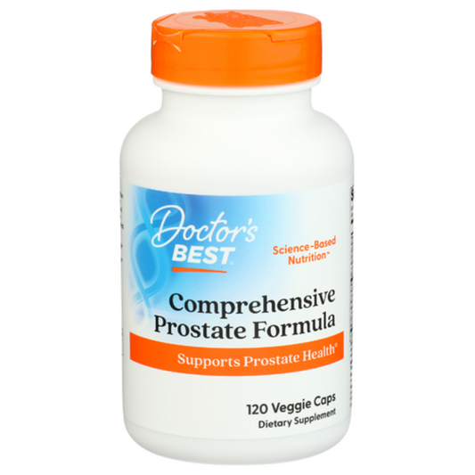 Supplement bottle labeled 'Doctor's Best Comprehensive Prostate Formula' on a white background
